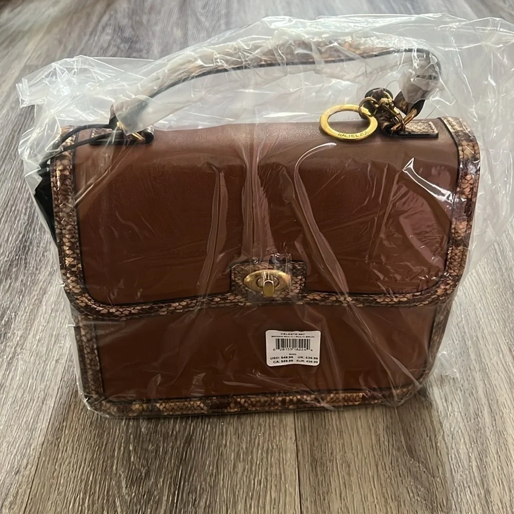 Rachel Zoe Celeste Vegan Satchel Brown Snake Print Trim Womens Chic Purse